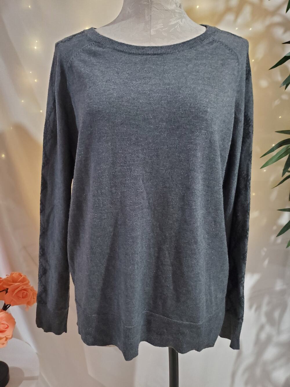 Smartwool Womens Shadow Pine Needlepoint Pullover Crew Sweater Size L Gray Knit